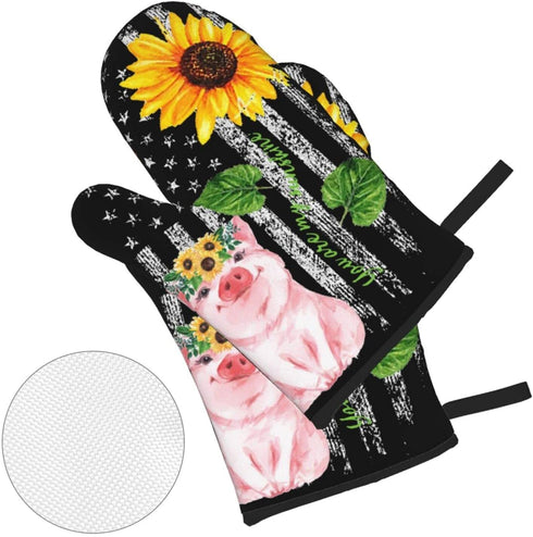 Oven Mitts and Pot Holders Sets Farmhouse Sunflower Pig American Flag Kitchen Microwave Gloves and Hot Pads Potholders with Cotton Liner Grip Cooking Mitts for Baking Cooking Grilling BBQ