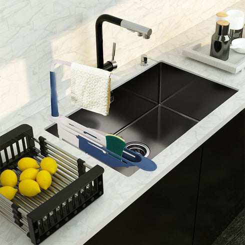 Updated Telescopic Sink Holder Storage Rack Adjustable Length Drainer Sink Storage Rack Holder Storage Sponge Soap Holder with Dishcloth Hanger Expandable Storage Drain Basket for Home Kitchen (Blue)