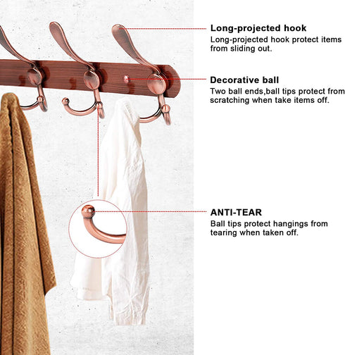 PHINGEER Wall Mounted Coat Rack, Heavy Duty Coat Rack with 5 Tri Metal Hooks, Stainless Steel Coat Hooks for Hanging Coats , Jacket, Hanger, Hat, Bag, Towel, Purse (Antique Copper, 2 Packs)