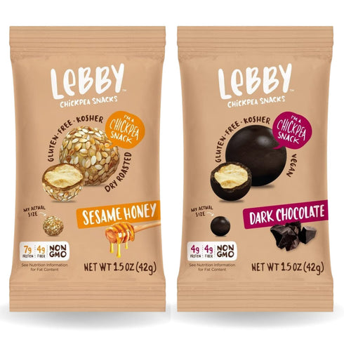 LEBBY SNACKS Healthy Sweet Snack Variety 2-Pack. Dry Roasted Chickpeas coated in 2 flavors: Dark Chocolate and Sesame. Gluten Free Healthy Candy for Adults (Dark/Sesame 1.5 oz, 2 pack)