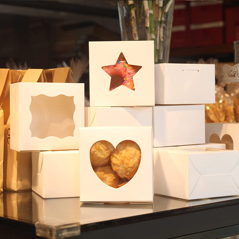 Ghilia 85pcs 4x4x2.5 Inches White Cake Boxes, Bakery Boxes with Window, Small Pastry Boxes, Cupcake Boxes, Gift Boxes for Candy, Chocolate, Donuts, Fruits and Party.