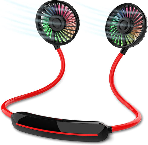 (2022 Upgraded) Hands Free Portable Neck Fan - Rechargeable Mini USB Personal Fan Battery Operated with 3 Level Air Flow, 7 LED lights for Home Office Travel Indoor Outdoor (NEW- BLACK+RED)