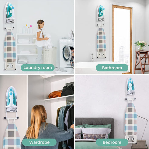 DOUBLE 2 C Iron Board Hanger Wall Mount, Electric Iron Board Holder and Ironing Board Storage Organizer Shelf with Removable Hooks for Laundry Room - for Max 5.3 inch Width