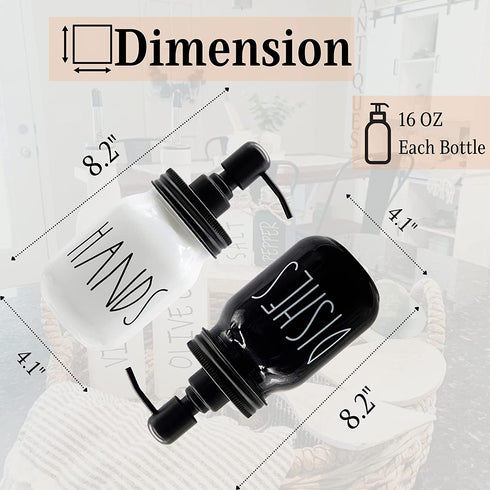 UrbanVillage Farmhouse Soap Dispenser Set - Glass Dish and Hand Soap Dispenser with Stainless Steel Liquid Pump - Cute Mason Jar for Your Kitchen - Glossy Black and White Farmhouse Decor