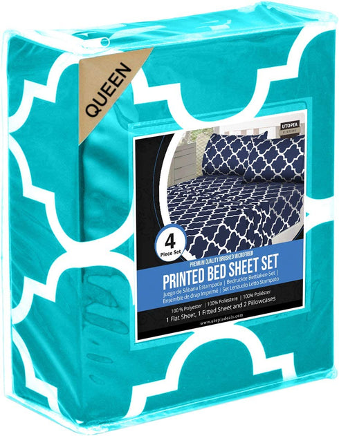 Utopia Bedding Printed Queen Sheet Set - 1 Fitted Sheet, 1 Flat Sheet and 2 Pillowcases - Soft Brushed Microfiber Fabric - Shrinkage and Fade Resistant (Queen, Aqua Quatrefoil with White Pattern)