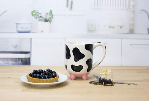 Boston Warehouse Udderly Cow Non-Skid Silicone Feet Ceramic Mug, 1 Count (Pack of 1), White, Black, Pink