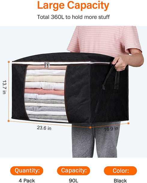 Kootek 4 Pack Storage Bags 90L Large Capacity Clothes Storage Bins Thick Fabric Container Organizer with Clear Windows Reinforced Handles Zippers for Seasonal Clothes Comforter Sheets Blanket (Black)