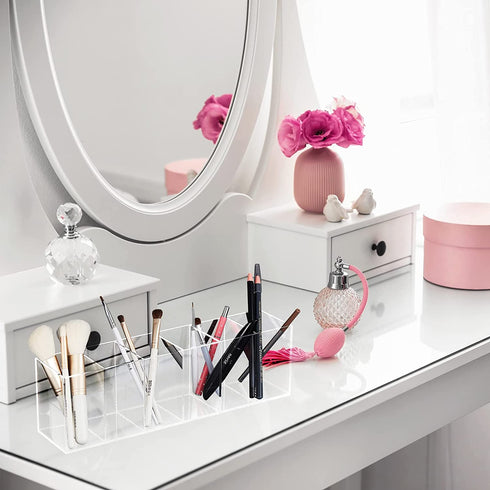 Acrylic Clear Pencil Holder 6 Compartments Transparent Pen Holder Stationery Organizer Makeup Storage Box for Desk Accessories, Cosmetic Brushes, Office, Dorm, Bathroom, Kitchen Supplies