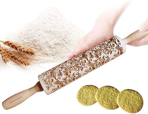 Uspacific Embossing Rolling Pin, Flower Pattern Wooden Laser Engraved Embossed Printing Rolling Pin DIY Tool for Homemade or Christmas Cookies