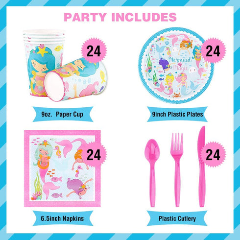 HAPYCITY 144 Pieces Mermaid Party Supplies Set Serves 24 Perfect Mermaid Birthday Packs Including Plates Napkins Cups Forks Spoons Knives
