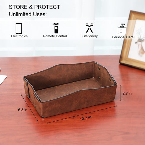 SITHON Valet Tray Desktop Storage Organizer Premium PU Leather Portable Collapsible Catchall Tray Bedside Vanity Tray Nightstand Caddy Holder for Jewelry, Keys, Phone, Wallet and Remote Controller, Brown