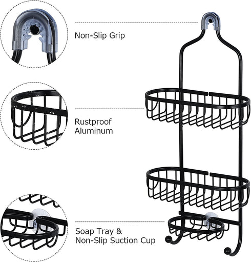 Sanduby Hanging Shower Caddy Basket, Aluminum Rustproof Shower Racks over Shower Head, Detachable Lightweight Shower Organizer Hanging Shower Storage Rack with Soap Dish, Black, 11.8" x 4.7" x 25.2"