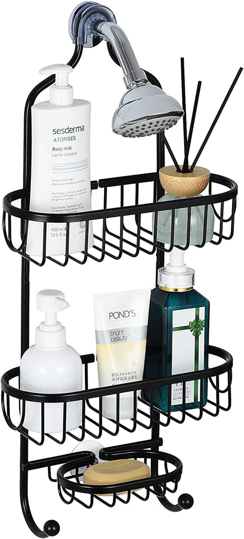 Sanduby Hanging Shower Caddy Basket, Aluminum Rustproof Shower Racks over Shower Head, Detachable Lightweight Shower Organizer Hanging Shower Storage Rack with Soap Dish, Black, 11.8" x 4.7" x 25.2"