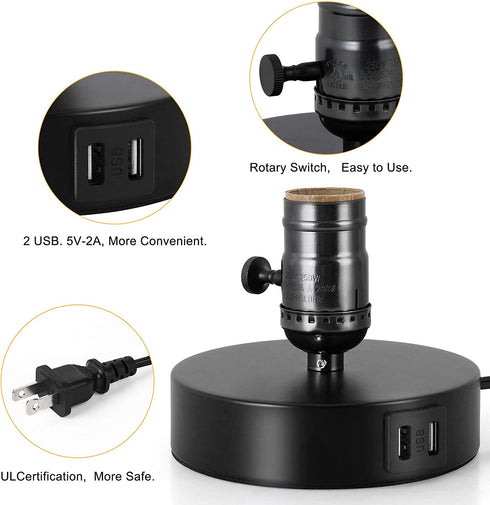 BTY Vintage Table Lamp Base E26 with USB Port Mini Industrial Table Lamp USB Small Nightstand Lamp Holder for Table, Bedside, Bedroom (Black)