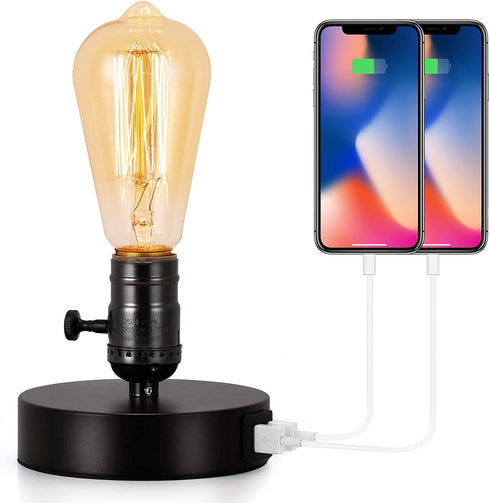 BTY Vintage Table Lamp Base E26 with USB Port Mini Industrial Table Lamp USB Small Nightstand Lamp Holder for Table, Bedside, Bedroom (Black)