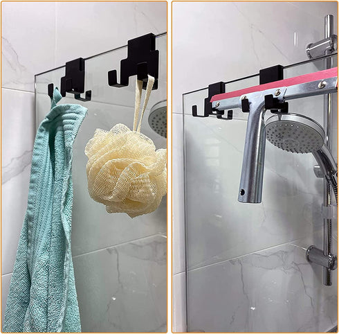 Morobor 2pcs Triple Hooks, Over Shower Glass Door Hooks for Frameless Glass Shower Door, Stainless Steel Towel Hooks Over The Bathroom Glass Wall (Black)