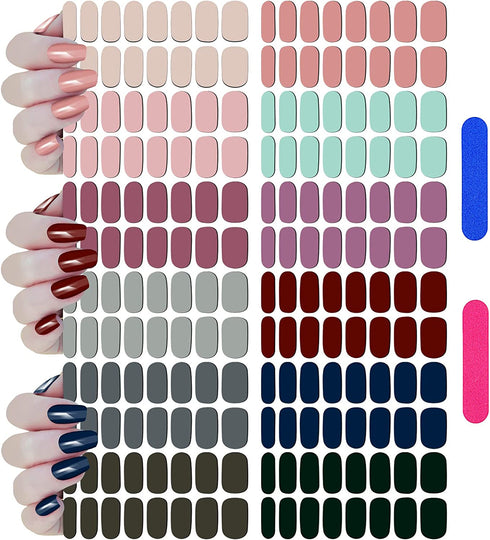 12 Sheets 192 Pieces Press on Nail Stickers Solid Color Full Nail Stickers Adhesive Nail Polish Strips Solid Nail Wraps Decals Strips Manicure Nail Stickers with Nail File for Women (Multicolor)