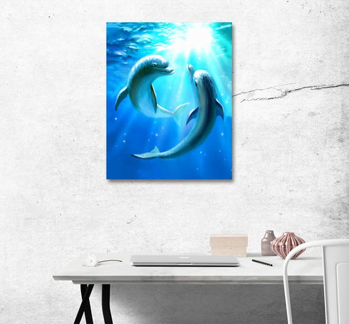 HVEST Dolphin Canvas Wall Art Cute Dolphins Playing Under Sea with Sunshine Picture Printing Artwork for Living Room Bedroom Bathroom Wall Decor,Stretched and Framed Ready to Hang,12x16 Inches