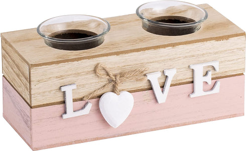 Candle Holders Set of 2 Wooden Tealight Candle Holder Decorative for Table, Wedding Birthday Party Ornaments, Living Room Decor Gift, I Love You Gifts for Him and Her Pink