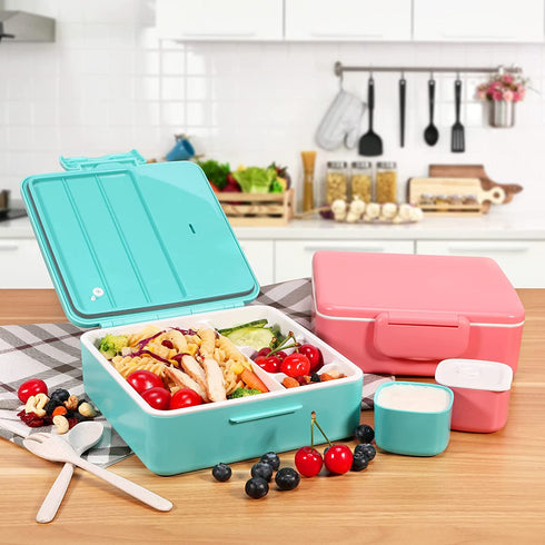 VOLUEX Bento Box, Bento Lunch Box for Kids with Spoon & Fork, 4 Compartment, Durable, Leak Proof, Dishwasher Safe, BPA-Free and Food-Safe Materials, 45oz Large Lunch Box Containers for Adults- Blue