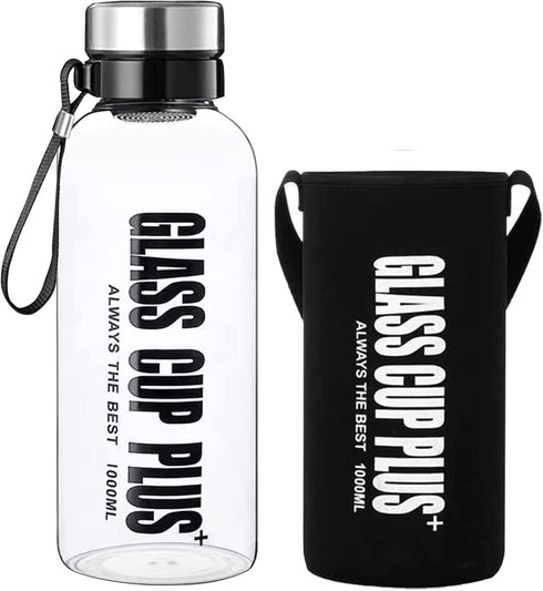 Kawfle 32 Oz Glass Water Bottle - Large Wide Mouth Borosilicate Reusable Drinking Bottles With Sleeve, BPA Free