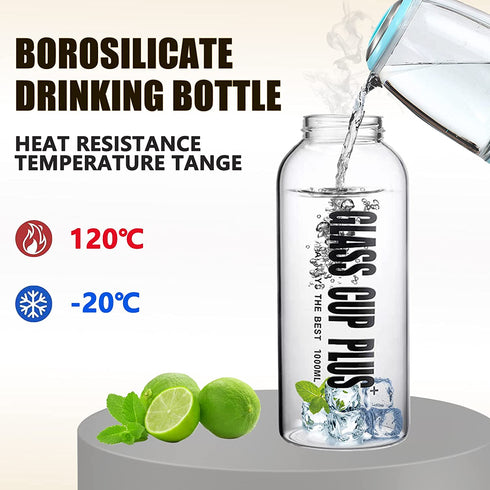 Kawfle 32 Oz Glass Water Bottle - Large Wide Mouth Borosilicate Reusable Drinking Bottles With Sleeve, BPA Free