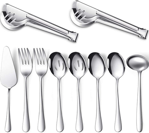 Serving Utensils Include Large Serving Spoons Slotted Serving Spoons Serving Forks Serving Tongs Soup Ladle and Pie Server Buffet Catering Serving Utensils for Dishwasher Safe (Silver, 10)
