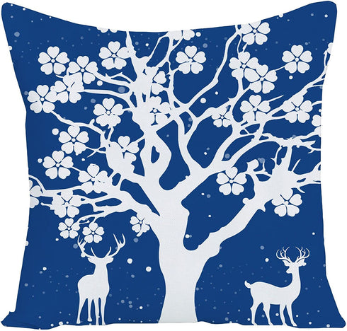 WILPROO Set of 4 Happy Winter Snowflake Merry Christmas Tree Blue Castle Deer with Snowman Cotton Linen Throw Pillow Case Cushion Cover Decorative for Sofa Living Room Square 22X22 Inches