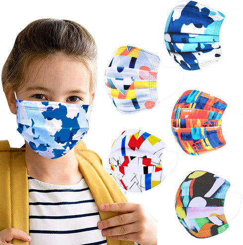 Sheal 100PCS Kids Disposable Face Masks Colorful Geometric Print Pattern Kids Masks
