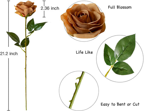 DuHouse 10pcs Fake Roses Artificial Silk Flowers Faux Rose Flower Long Stems Bouquet for Arrangement Wedding Centerpiece Party Home Kitchen Decor (Coffee)