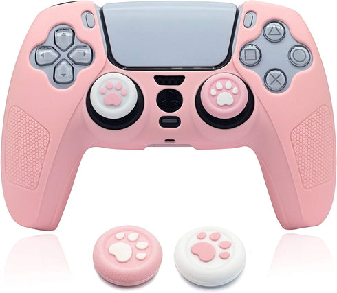 BRHE PS5 Controller Skin Grip Cover Anti-Slip Silicone Protector Rubber Case Cute Kawaii Accessories Set Gamepad Joystick Shell with 2 Thumb Grip Caps (Full Covered, Pink)
