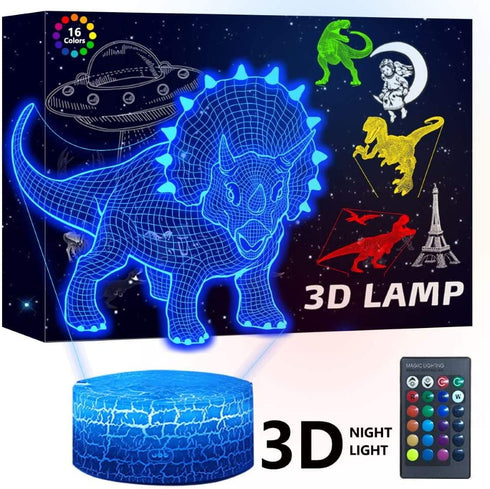 4 PCS 3D Triceratops LED Lamp, Cool 3D Tyrannosaurus Rex Pterosaur Night Light, 16 Color Changing Light, with Remote Control, for Boys Girls and Kids Toys Birthday Xmas Gift, BLUELAMP 5656