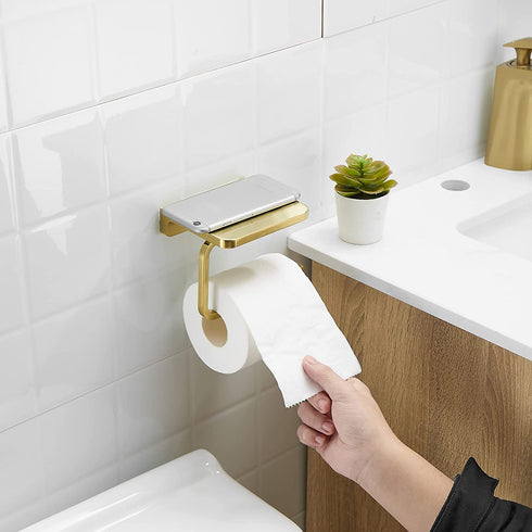 BATHSIR Toilet Paper Holder with Shelf, Brushed Gold Toilet Roll Holder Wall Mount Bathroom Phone Storage Tissue Hanger Stainless Steel