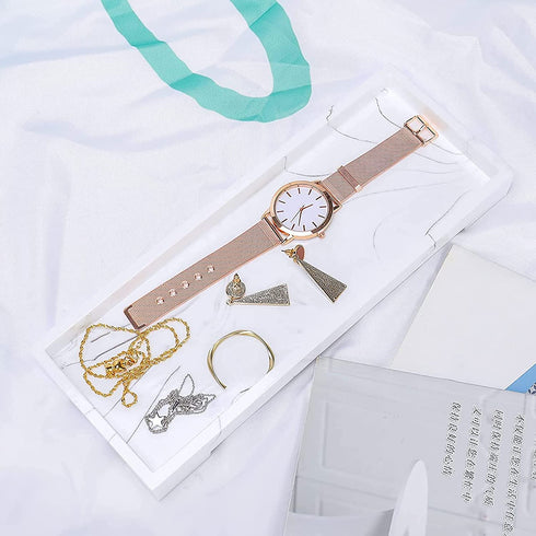 Mightree Vanity Tray Toilet Tank Tray, White Elegant Marble Pattern Bathtub Tray, Vanity Bathroom Organizer for Collect Small Things, Make-up Desk Tray, Resin Dresser Jewelry Tray, Small Size