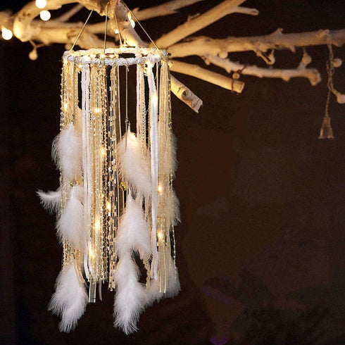 Dream Catcher Mobile Large Light Up Dream Catchers with Golden Shining Lace& Bells LED Fairy Lights Battery Powered Hanging Ornaments- 7.9Wx 22L Inches Feathers Wedding Boho Decorations Nursery Decor
