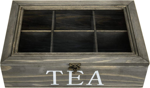 MyGift Vintage Gray Wood Tea Storage Box Organizer with 6 Compartments, Teabags and Condiments Chest with Lid with Latch