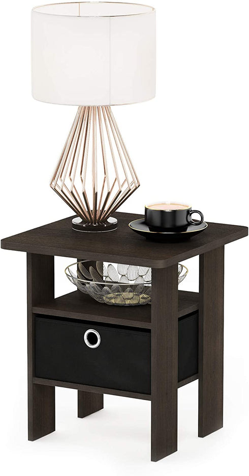 Furinno Andrey End Table / Side Table / Night Stand / Bedside Table with Bin Drawer, Dark Brown/Black