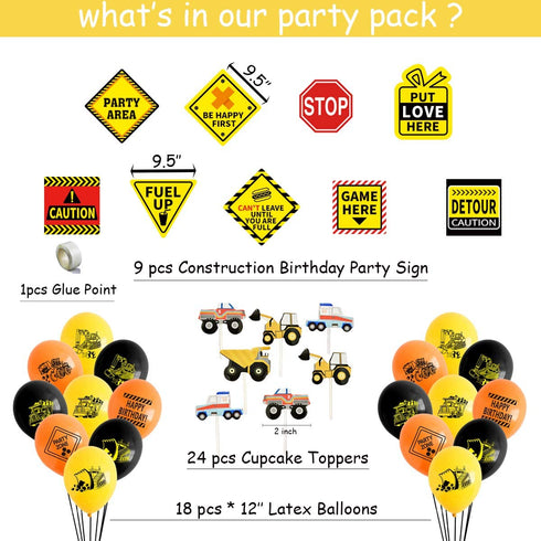 Construction Party Supplies, Dump Truck Birthday Party Decorations for Boys, with Construction Sign, Hanging Swirl, Happy Birthday Banner, Balloons, Cake Toppers - 70 Pack