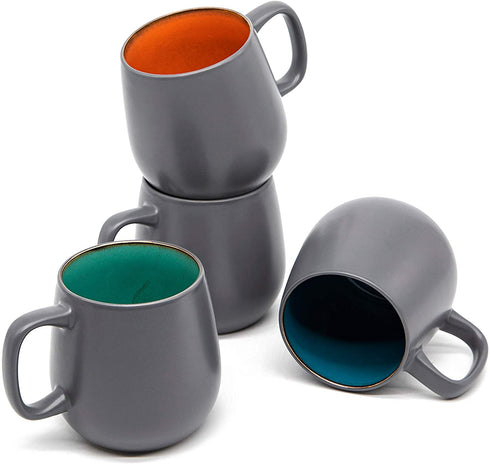 Kook Multicolor Deco Large Ceramic Coffee Mugs, Ceramic, Microwave & Dishwasher Safe, 21 oz, Semi-Matte, Grey, Set of 4
