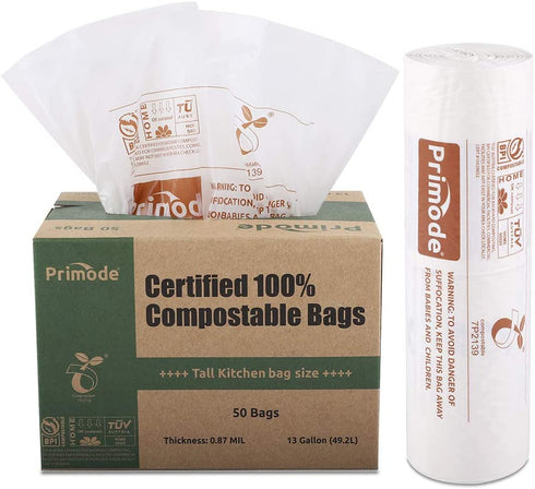 Primode 100% Compostable Bags, 13 Gallon Food Scraps Yard Waste Bags, 50 Count, Extra Thick 0.87 Mil. ASTMD6400 Compost Bags Small Kitchen Trash Bags, Certified By BPI And TUV