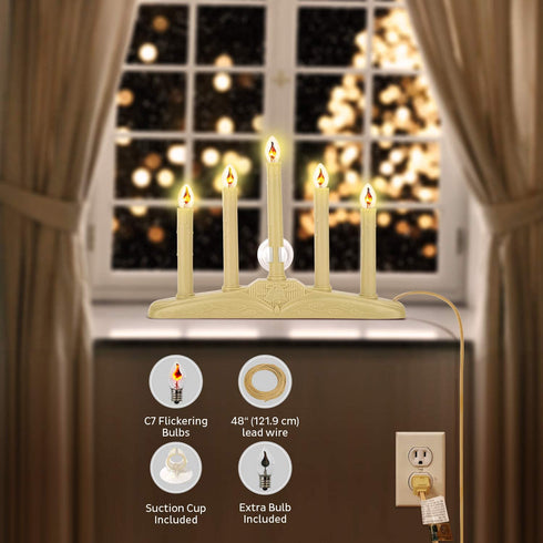 Tupkee Christmas Candolier Window Candles with Flickering Bulbs 5-Lights Indoor -Flameless Electric Window Candles Candelabra - 2 Pack