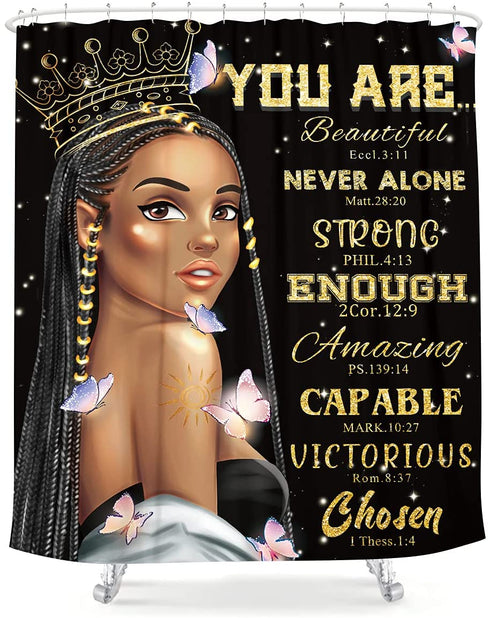 LIGHTINHOME African American Woman Quotes Shower Curtain Inspirational Black Girl Queen 60Wx72H Motivational Butterfly Intelligent Word Fabric Waterproof Home Bathtub Decor 12 Pack Plastic Hooks
