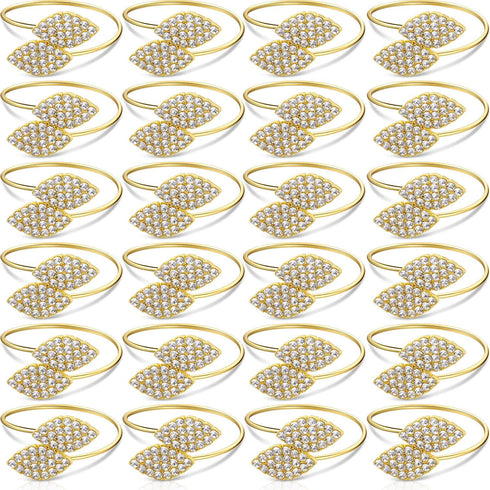 Set of 24 Napkin Rings Wedding Napkin Holder Metal Leaves Napkins Holder Rhinestone Napkin Buckle for Wedding,Mothers Day, Party Celebrate Festival Dinner Table Decoration (Gold)