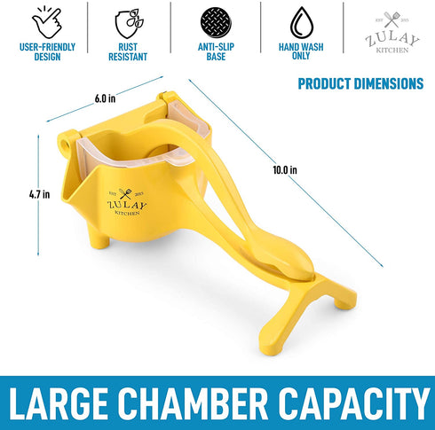 Zulay Fruit Manual Juicer- Heavy Duty Juice Press Squeezer with Detachable Lever & Removable Strainer - Fruit Press & Hand Juicer For Pomegranates, Lemons, Oranges, and More (Yellow)