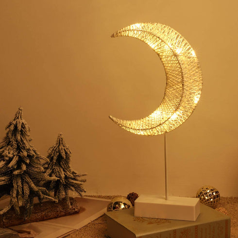 Lewondr Table Lamp, Battery Powered Moon Shape Bedside Light Desk Lamp Christmas LED Decorative Lamp Winding Iron Frame Plastic Base Warm White Bright Light Home Bedroom Romantic Decoration - White