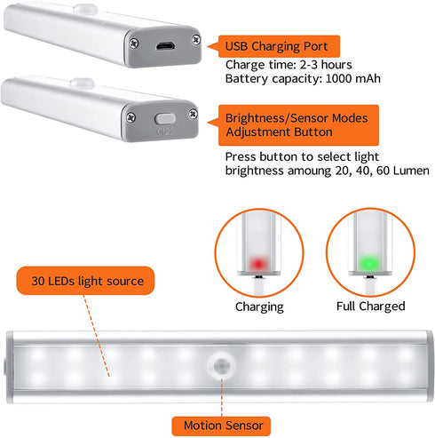 30 LED Closet Lights 3 Pack, Otdair Dimmable Closet Lights Motion Sensored, Rechargeable Under Cabinet Lighting Stick-on Anywhere, for Kitchen, Wardrobe, Stairs, Bedroom, Hallway