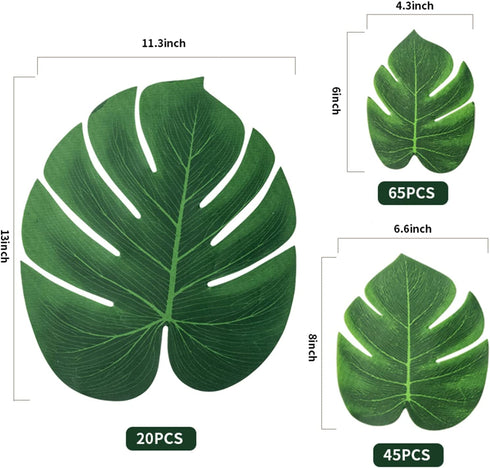 Artificial Tropical Palm Leaves 130Pcs Faux Monstera Leaves Fake Green Leaves Safari Birthday Decorations for Hawaiian Luau Party Decor Jungle Beach Birthday Theme BBQ Party Table Supplies (3 Size)