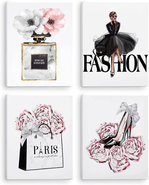 CoziTech Fashion Women Canvas Wall Art Framed, Modern Artwork for Girls Bedroom Wall Décor Pink Flowers Perfume Art Print Handbag High Heel Wall Picture Paintings for Women Room Décor. Set of 4. 8x10in - (Ready to Hang)