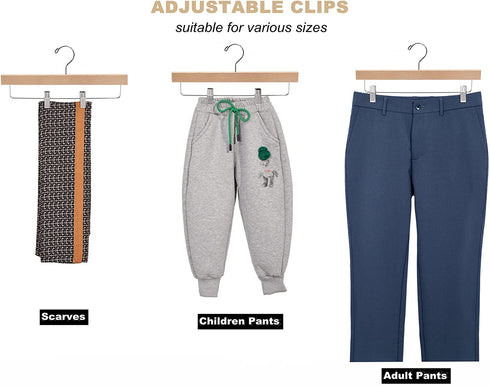 Amber Home Natural Wooden Pants Hangers 10 Pack, Solid Wood Skirt Hanger Bottom Hanger Clips Hangers for Slacks, Jeans, Shorts with 2-Adjustable Clips (Natural, 10 Pack)