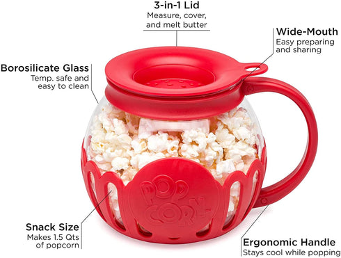 Ecolution Patented Microwave Micro-Pop Popcorn Popper, Borosilicate Glass, 3-in-1 Lid, Dishwasher Safe, BPA Free, 1.5 Quart Snack Size, Red.